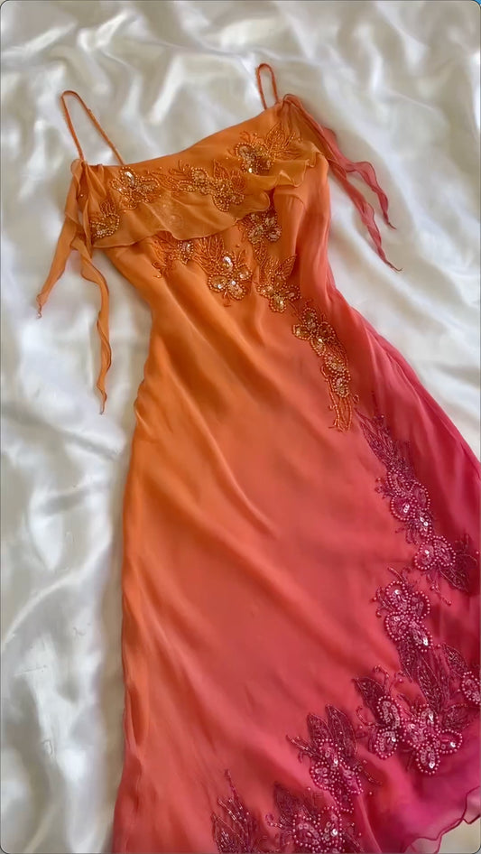 Orange Ombre Träger Etuikleid Perlenbesatz Vintage Midi Partykleid Abendkleider, D891