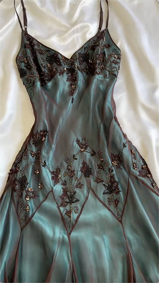 Spaghetti Straps Blue Chiffon Beading Vintage Midi Party Dress Evening Dresses, D893