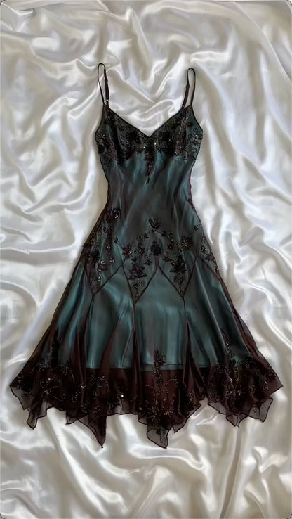 Spaghetti Straps Blue Chiffon Beading Vintage Midi Party Dress Evening Dresses, D893