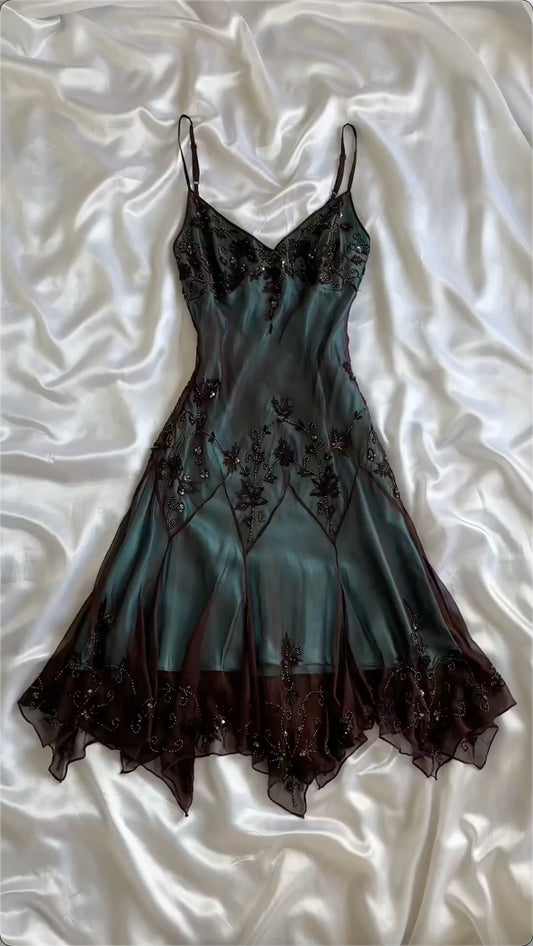 Spaghetti Straps Blue Chiffon Beading Vintage Midi Party Dress Evening Dresses, D893