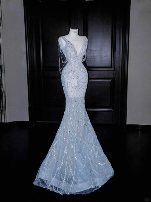 Light Blue Sleeveless Mermaid Beading Long Evening Dress Birthday Outfits, D805