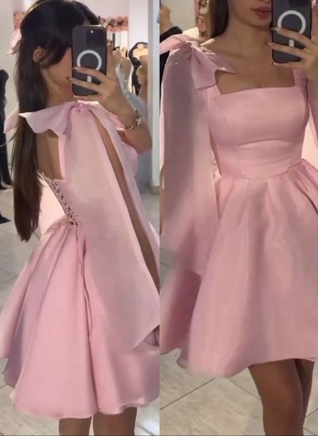 New Homecoming Dress Square Bowknot Pleated Back to School Outfits Party Dress D6672