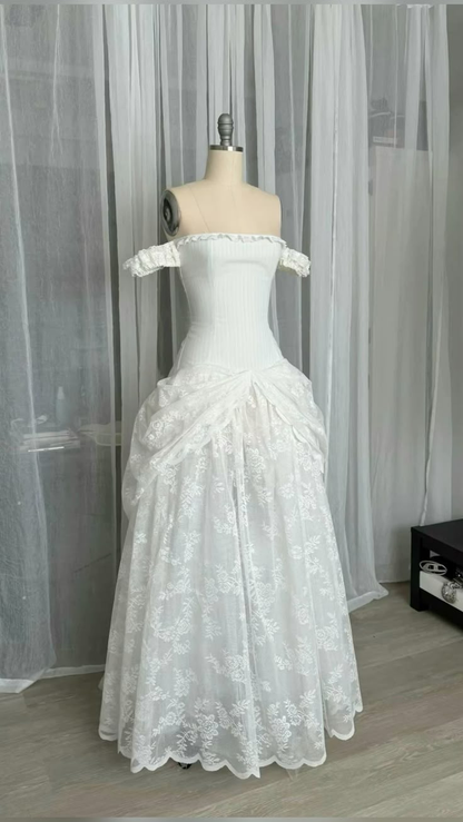 Robe de soirée longue blanche en dentelle, épaules dénudées, coupe trapèze, robe de mariée vintage D989
