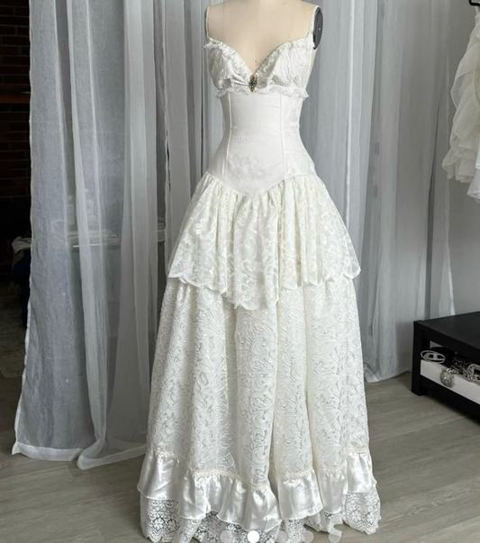 White Spaghetti Straps A-Line Lace Long Party Dress Vintage Wedding Dress, D990