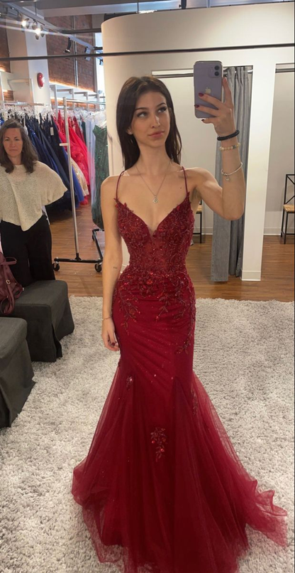 Pretty Burgundy Straps Mermaid Beaded Long Formal Prom Dress Evening Gown, D993
