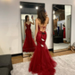Pretty Burgundy Straps Mermaid Beaded Long Formal Prom Dress Evening Gown, D993