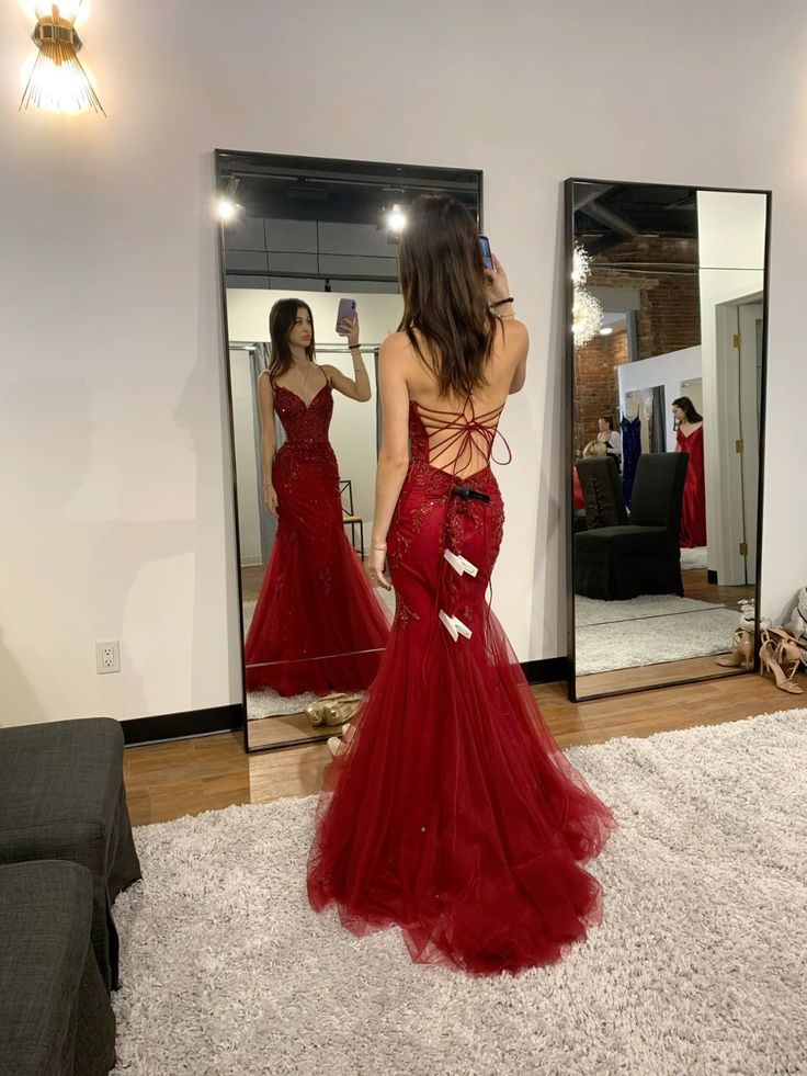 Pretty Burgundy Straps Mermaid Beaded Long Formal Prom Dress Evening Gown, D993