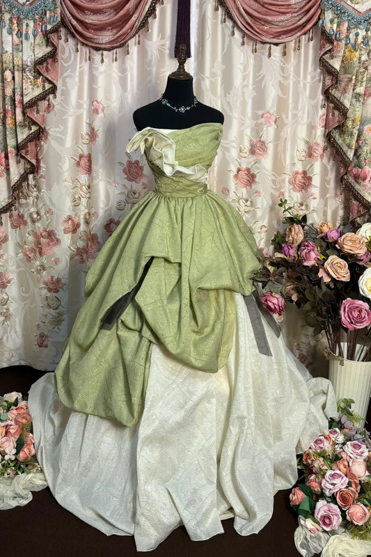Retro Green Strapless A-Line Chiffon Long Prom Dress Evening Ball Gown, D996