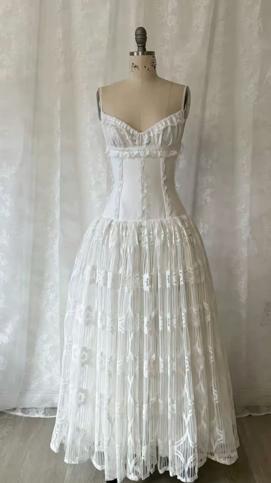 White Spaghetti Straps A-Line Lace Vintage Wedding Dress Long Party Dress , D997