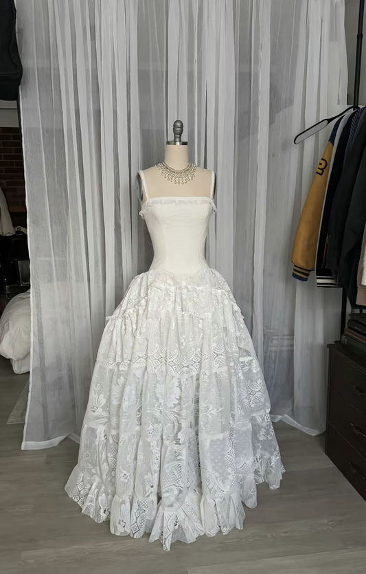 White Spaghetti Straps A-Line Lace Vintage Wedding Dress Long Party Dress, D998