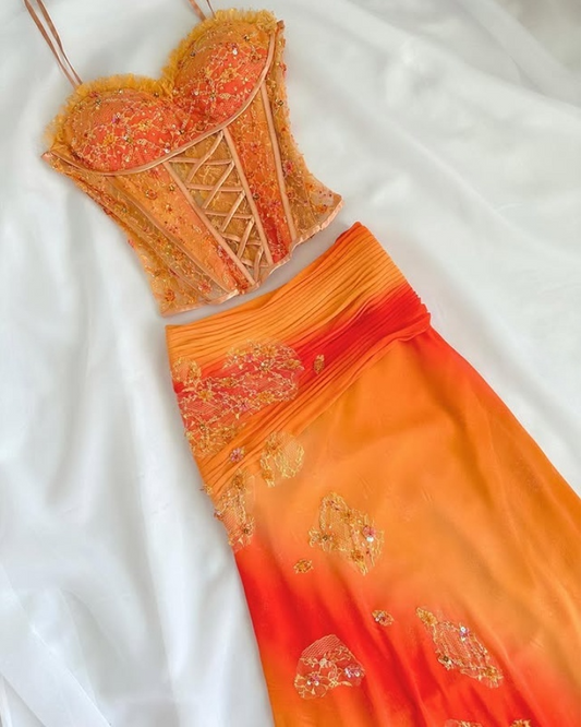 Orange Ombre Straps Two Pieces Sheath Chiffon Long Party Dresses, D870