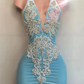 V-neck Sparkly Silver Beaded Women Birthday Party Gowns Short Prom Dress, MD6975