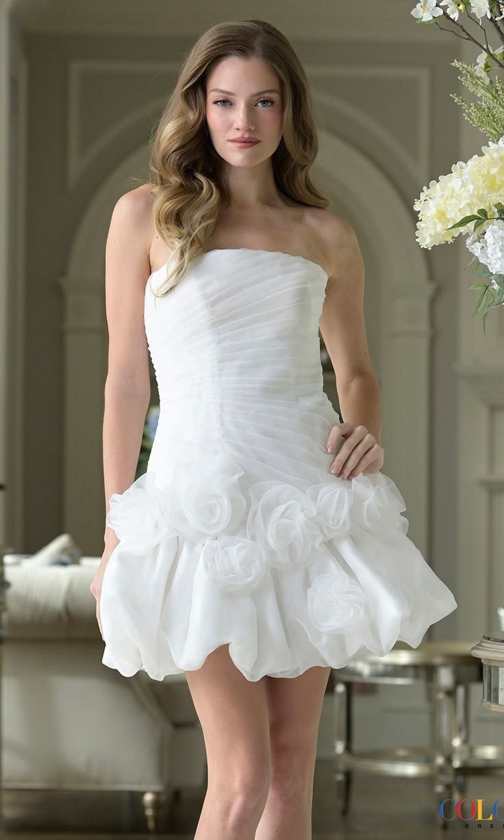 Unique Homecoming Dress Strapless Flower Pleated Back to School Outfits Party Dress D7762