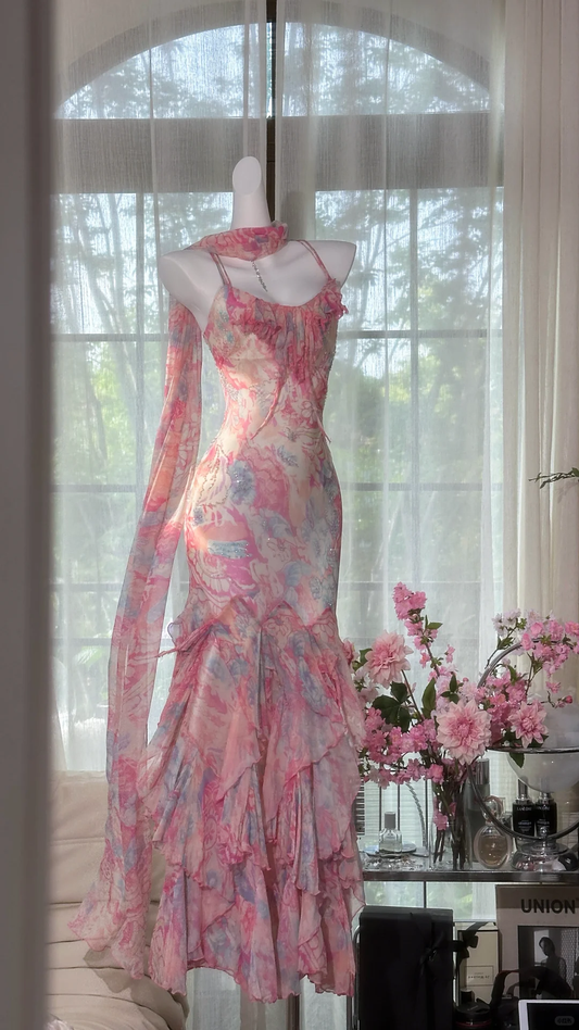 Elegant Fairy Mermaid Long Chiffon Spaghetti Strap Evening Dress Prom Dresses D1497