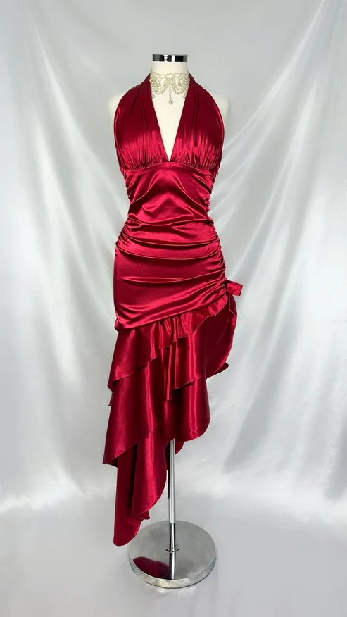 Vintage Wine Red Halter Satin Long Evening Party Dress Birthday Outfits, D406