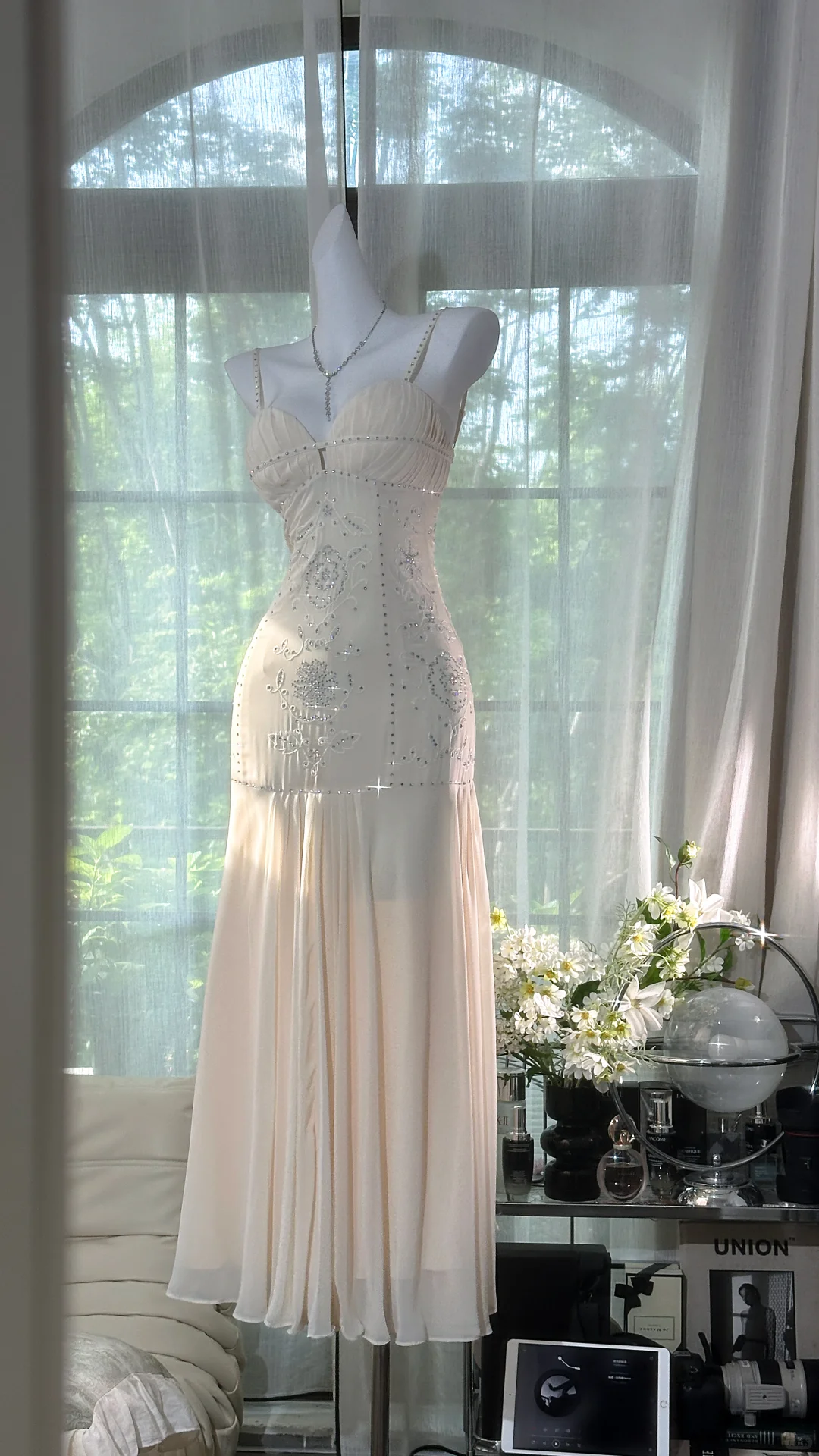 Shiny Light Green Sequined Spaghetti Strap Design Chiffon Prom Dress Evening Dress D1706