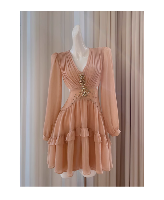 Retro Beading Design A-line Chiffon Long- sleeved V-neck Party Dresses Homecoming Dresses, D1352