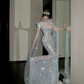 Elegant Glittering Silvery Beaded Sequined Design Mermaid Wedding Dress Prom Dress Evening Dress D1713