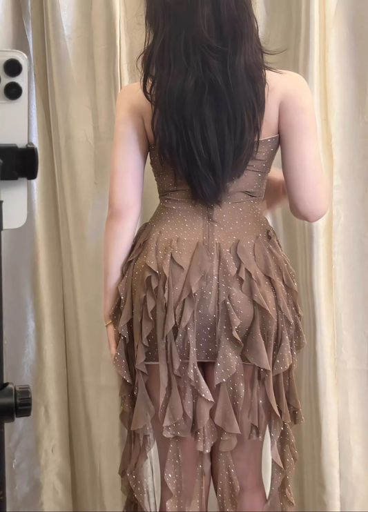 Retro Brown Strapless Sequin Irregular Hem Design Sheath Tulle Party Dress Homecoming Dresses, D1438
