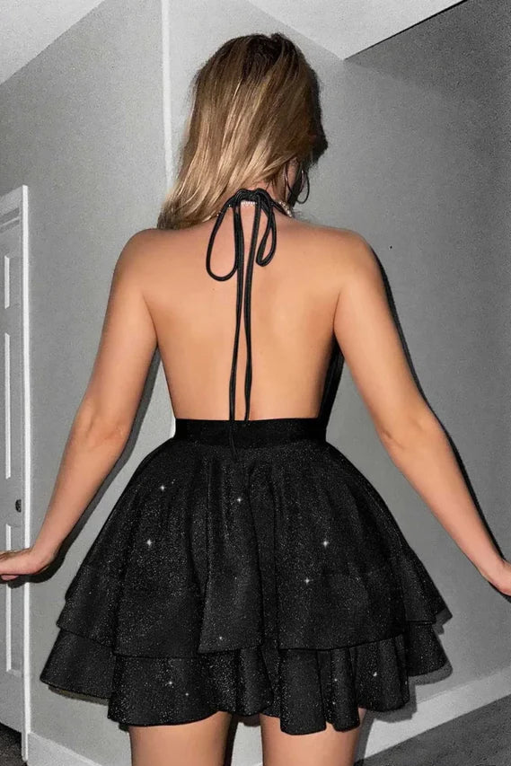 Beautiful Homecoming Dress V Neck Backless Sequins Cascade Pleated Back to School Outfits Party Dress D7171