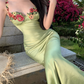 Vintage Green Floral Mermaid Spaghetti Strap Design Satin Prom Dress Evening Dress D1701