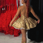 Sparkling Golden Sequin Embroidered Halter Dress Design A-line Applique Party Dresses Homecoming Dresses D1586