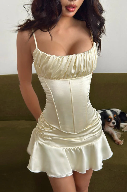 Chic Homecoming Dress Spaghetti Strap Pleated Back to School Outfits Party Dress  D7398