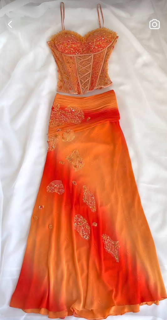 Orange Ombre Straps Two Pieces Sheath Chiffon Long Party Dresses, D870