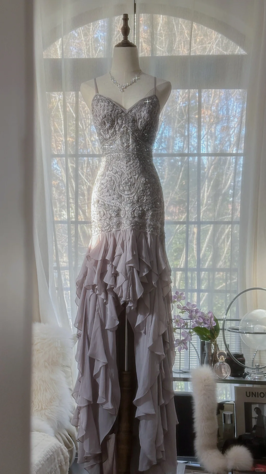 Light Lilac Straps Mermaid Beading Ruffles Long Evening Dress Birthday Outfits, D872