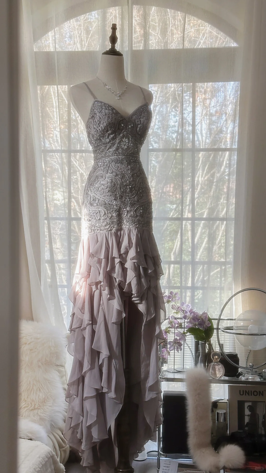 Light Lilac Straps Mermaid Beading Ruffles Long Evening Dress Birthday Outfits, D872