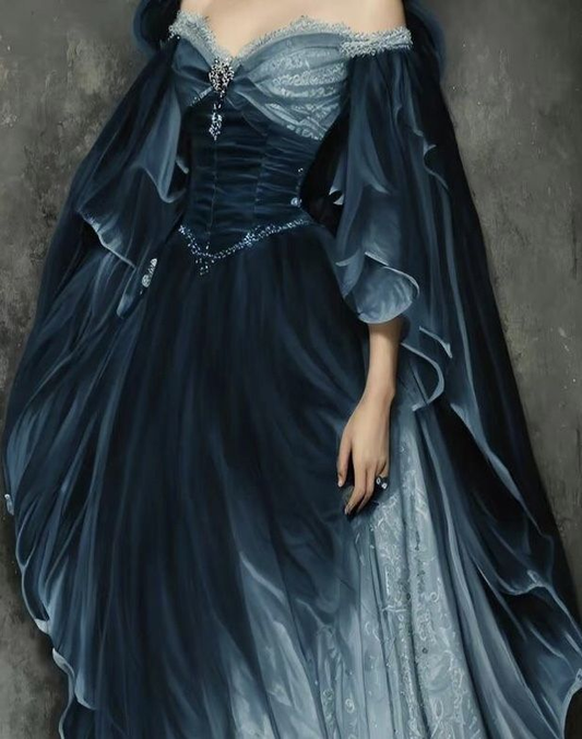 Dark Navy Off Shoulder A-Line Retro Long Party Dress Birthday Outfits, D876