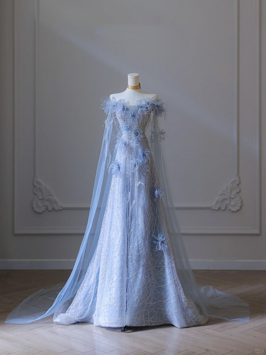 Elegant Blue Off Shoulder A-Line Floral Long Formal Prom Dress Birthday Outfits, D908