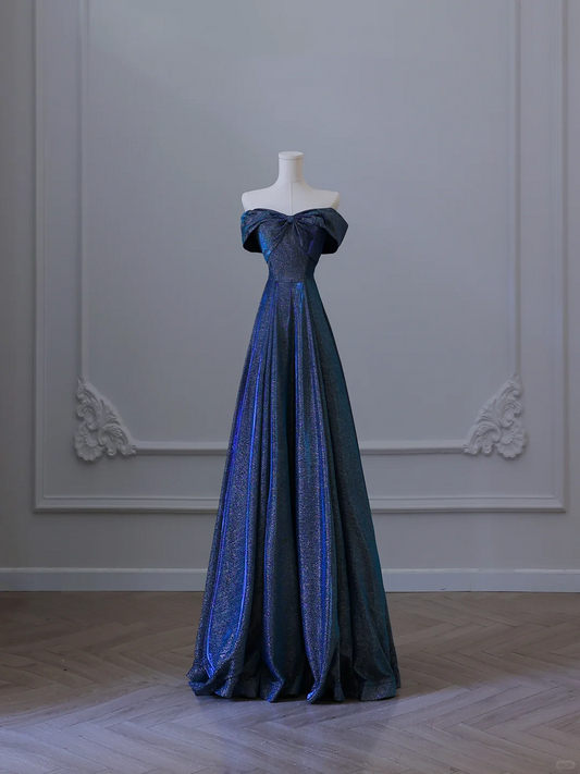 Elegant Navy Blue Off Shoulder A-Line Long Formal Prom Dress Birthday Outfits, D909