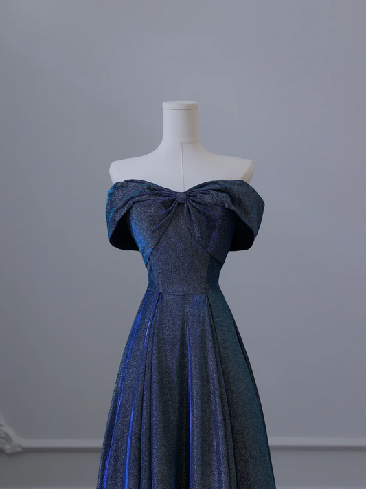 Elegant Navy Blue Off Shoulder A-Line Long Formal Prom Dress Birthday Outfits, D909