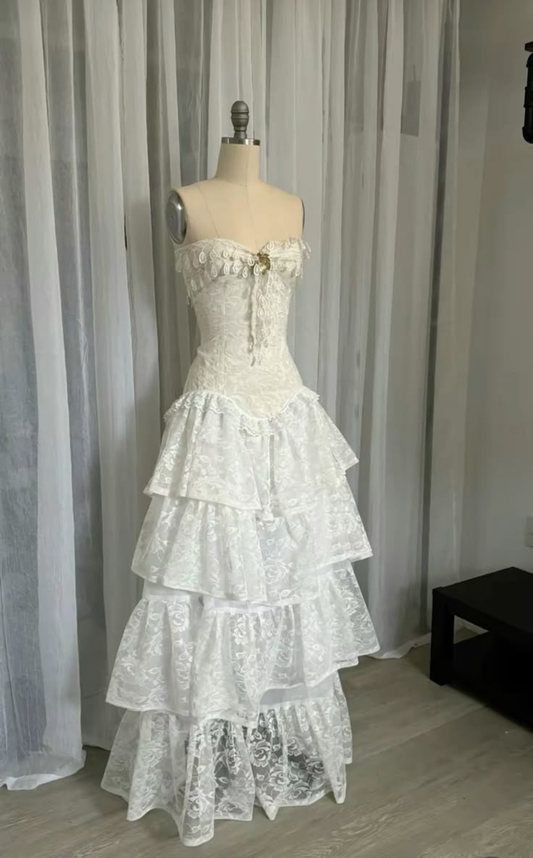 White Strapless A-Line Lace Long Party Dresses Vintage Wedding Dresses, D1208