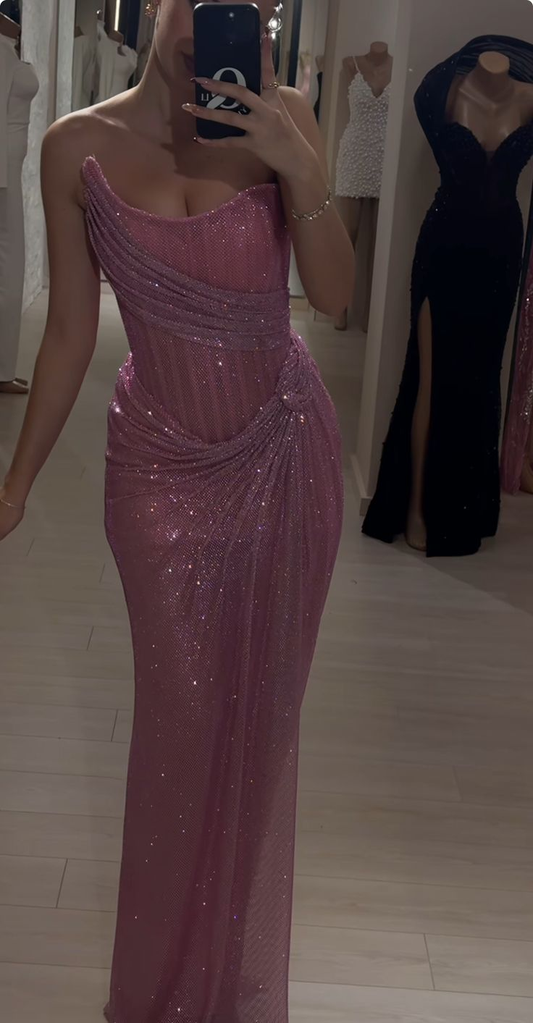 Elegant Pink Strapless Mermaid Split Long Party Dress Evening Gown, D1014