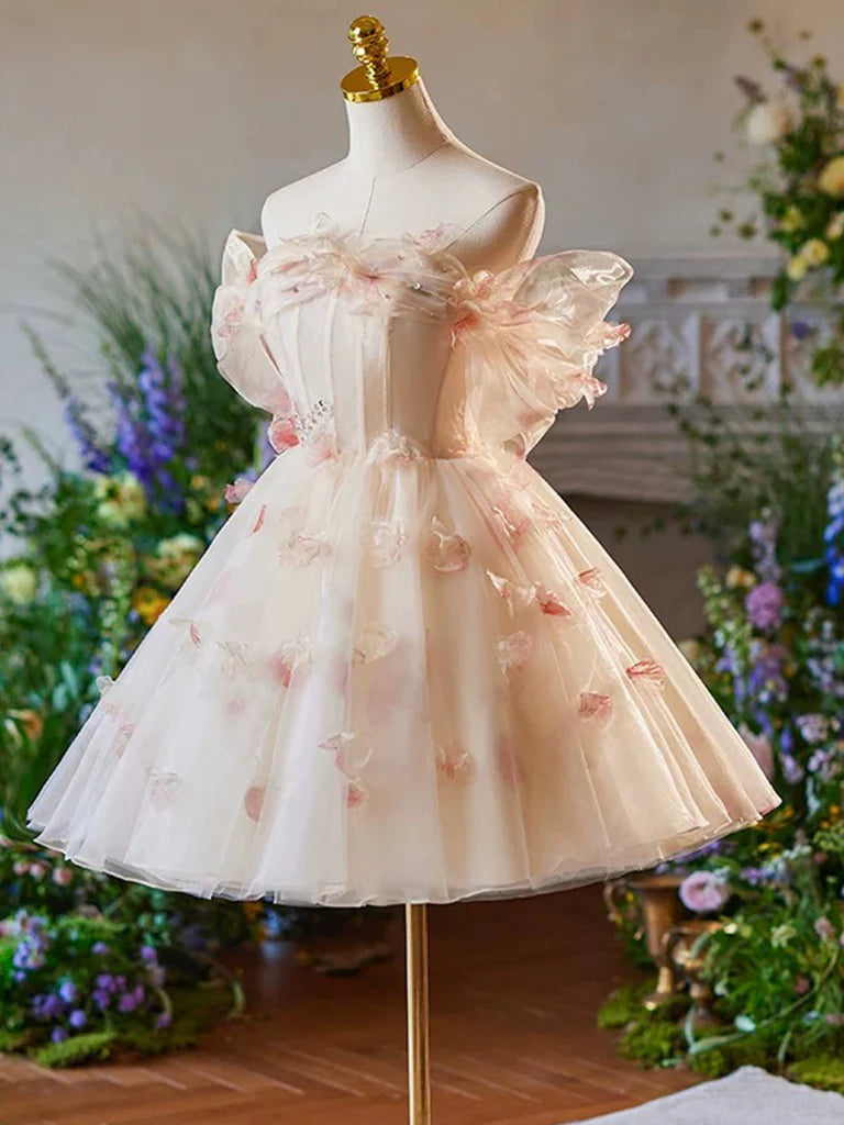 Vintage Pink 3D Flower Design A-line Off-the-shoulder Homecoming Dress, D1359