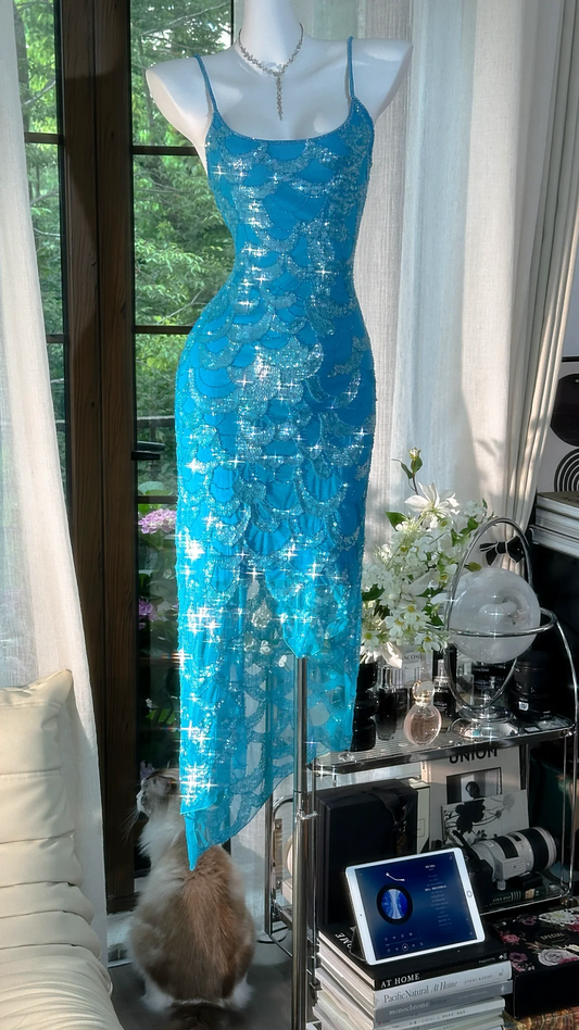 Vintage Blue Mermaid Sparkling Long Chiffon Spaghetti Strap Romantic Ball Gown Evening Dress Prom Dresses D1501