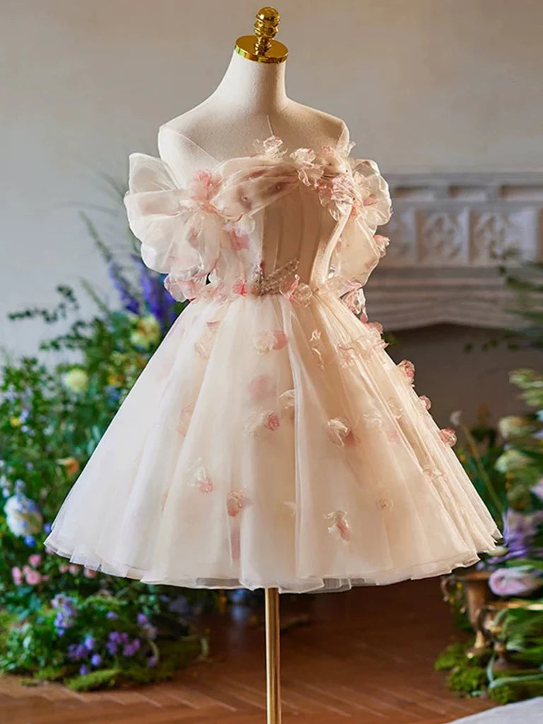 Vintage Pink 3D Flower Design A-line Off-the-shoulder Homecoming Dress, D1359