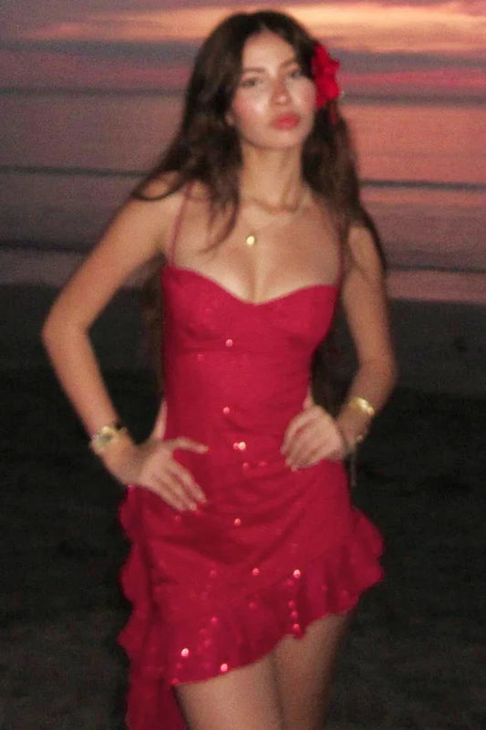 Charming Homecoming Dress Spaghetti Strap Red Sequins Soutache Back to School Outfits Party Dress  D7468