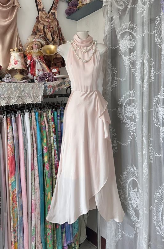 Vintage Pink Irregular Ruffle Hem Elegant A-Line Chiffon Long Evening Dress Prom Dresses D1674