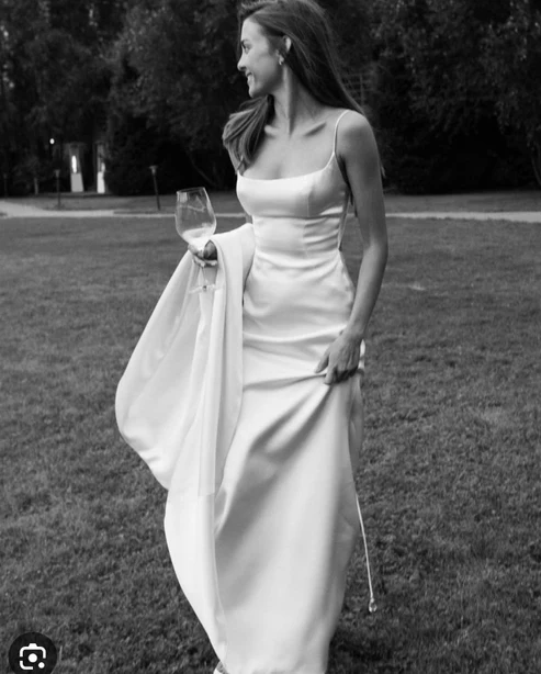 White Spaghetti Straps Satin Long Party Dress Light Wedding Dress MD7404