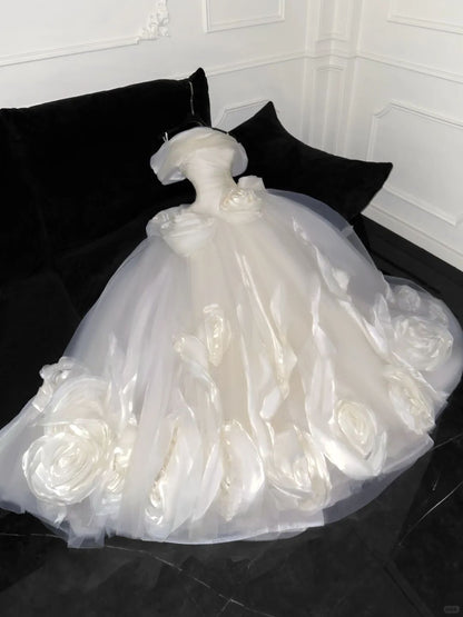 Elegant Spaghetti Strap A Line Flower Tulle Long Prom Dress Wedding Dress D6396