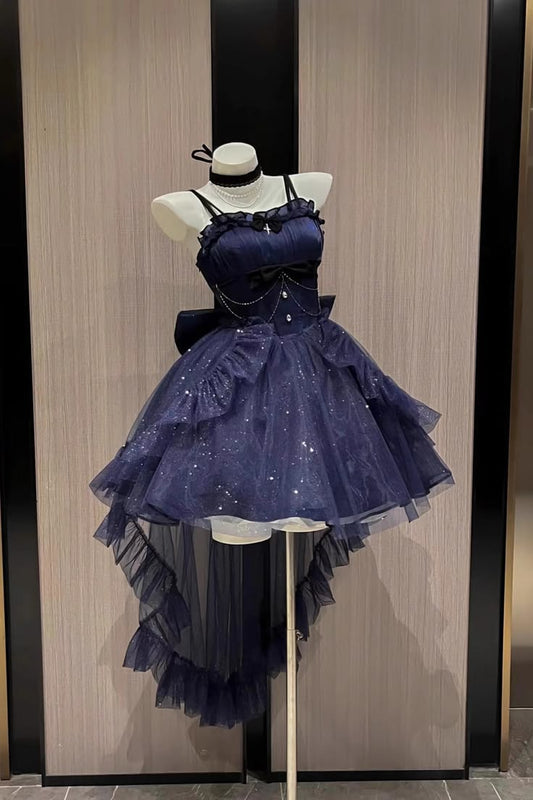 Unique Homecoming Dress Spaghetti Strap Sequins Bowknot Hi-Lo Back to School Outfits Party Dress D7759