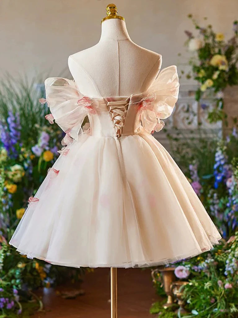 Vintage Pink 3D Flower Design A-line Off-the-shoulder Homecoming Dress, D1359
