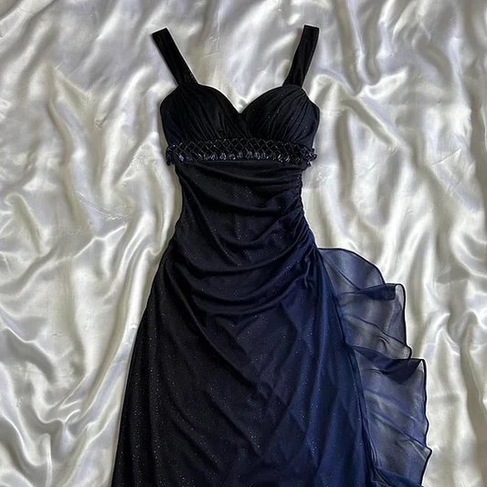Dark Blue Straps Chiffon Vintage Long Party Dress Prom Gown MD7409
