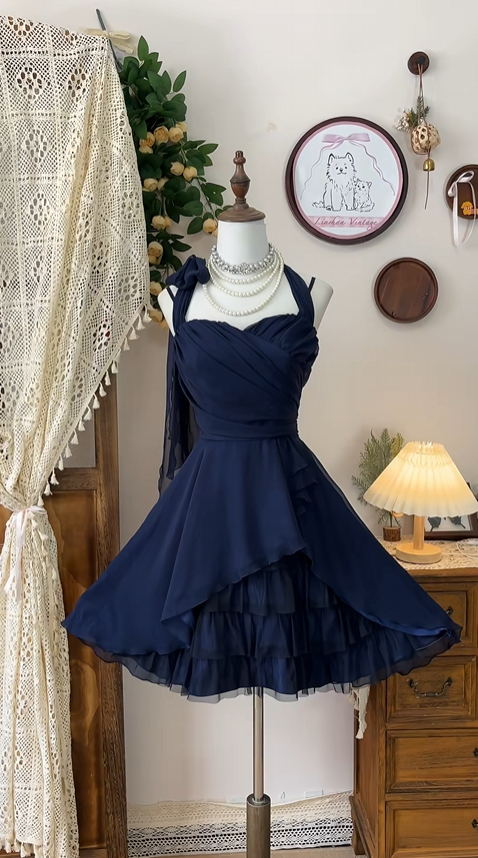 Vintage Navy Blue Sweetheart Ruffle Design A-line Elegant Homecoming Dress Birthday Dress Party Dress D1650