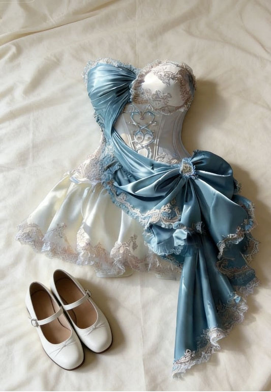 Unique Homecoming Dress Sweetheart Tulle Lace Bowknot Applique Back to School Outfits Party Dress  D7717
