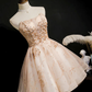 Vintage Champagne Applique Beaded Strapless Design A-line Tulle Party Dress Homecoming Dress D1555