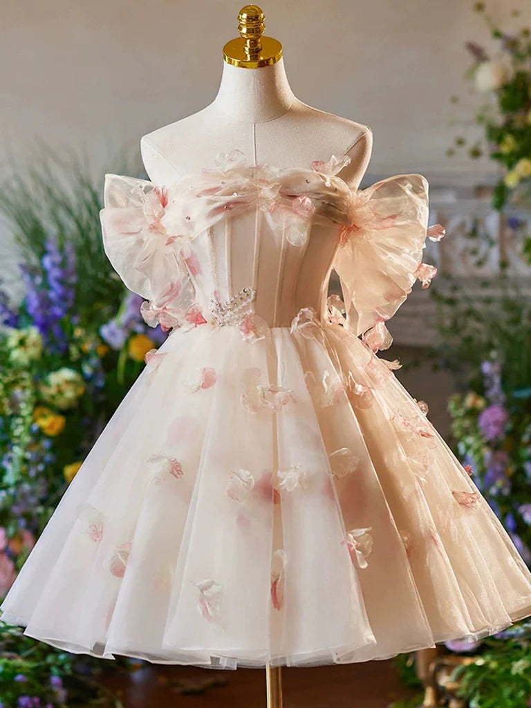 Vintage Pink 3D Flower Design A-line Off-the-shoulder Homecoming Dress, D1359